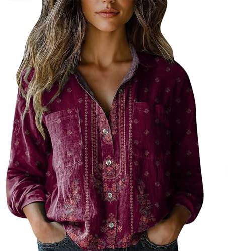 Donna Camicetta In Lino Cotone Casual Leggero Classica Blusa Oversize Traspirante Scollo a V Elegante Camicie In Cotone Vintage Fantasia Vacanza T Shirt Spiaggia Maniche Lunghe Ufficio Tinta Unita Top