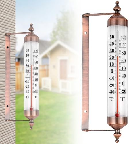 Indoor Outdoor Garden Thermometer Mountable, Vintage Wall Thermometer Waterproof, Angle Adjustable, Finish Red Copper, Celsius Fahrenheit Dual Scale, Patio Shed Greenhouse