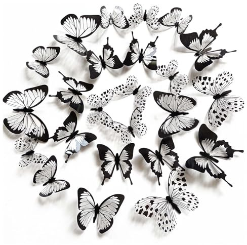 FUFUQUARE 12 Piezas Pegatinas de Pared Mariposas 3D Negro y Blanco Adhesivos Pared de Mariposa Decoración Vinilos para Pared Salón Habitación Infantil Dormitorio Boda Fiesta