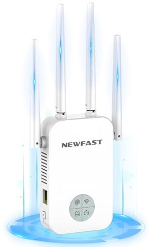 NEWFAST Ripetitore WiFi Potente per Casa, 1200Mbps WiFi Extender Dual Band 2.4GHz/5GHz con 4 Antenne ad Alto Guadagno, Porta Ethernet, WPS, Display Intelligente, Supporta 3 Modalità(Bianco)
