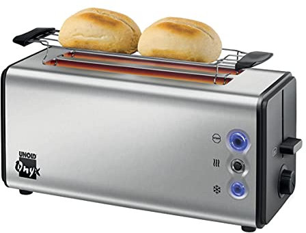 Unold 38915 Doppel-Langschlitztoaster - 4-Scheiben- Toaster, Edelstahl, 4 Funktionen: Auftauen, Aufwärmen, Toasten, Stoppen, mit Brötchenaufsatz, Kabelaufbewahrung