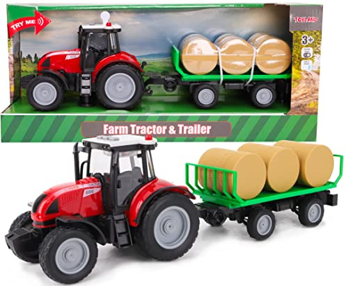 Toyland Tracteur et remorque 37 cm Rouges avec lumières et Son - Jouets de Ferme pour Enfants (Tracteur et remorque à balles)