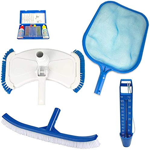 well2wellness P1869BX - Juego de accesorios para piscina (5 piezas, incluye recogehojas, termómetro, aspiradora de suelo, cepillo de pelvis y kit de prueba de cloro/pH)