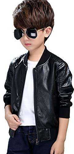 JYCPFLIT Boys' Outerwear Jackets,Trendy PU Leather Spring Autumn Moto Jacket Black，Children's Faux Leather Jacket Coat Black