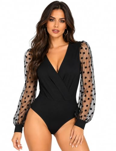ohyeahlady Women's Bodysuit Long Sleeve Polka Dot Mesh Body Suit Sexy Deep V Neck Leotard with Brooches for Adjustable Neckline,Plus Size Black Going Out Tops