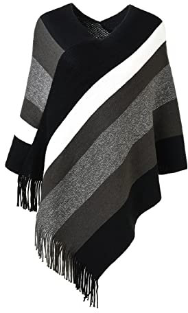Ferand Damen Gestreifter Poncho Pullover Vielseitiger Schal zum Wickeln mit Fransen für Herbst und Winter - One Size - Schwarz & Grau