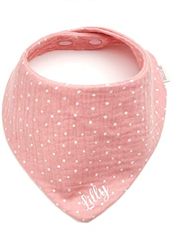 Personalisiertes Dreieckshalstuch aus Baumwolle, Halstuch für Jungen, Mädchen, Unisex, mit Druckknopfverschluss, in verschiedenen Farben mit Wunschnamen (Rosa, gepunktet)