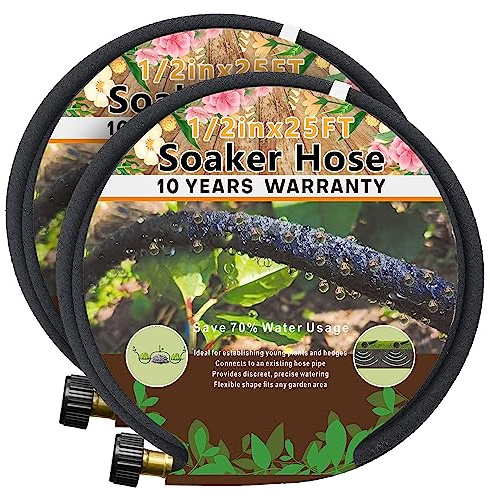 1/2’’ Soaker Hose 50 ft, Heavy Duty Garden Soaker Hoses 25Ft 2 Pack, Round Soaker Hose for Raised Garden Beds, 50 Ft Drip Hoses Irrigation for Garden - (25 feet 2-pack)