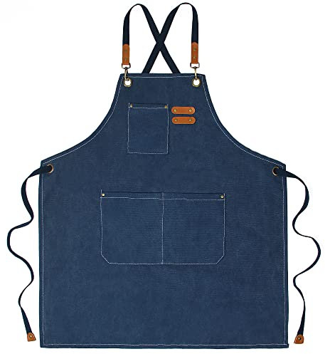 kilofly Arbeitsschürze für Herren und Damen, extra lange Krawatten, Baumwollleinen, robustes Grillen, Blau, 79 cm