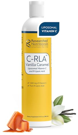 Researched Nutritionals C-RLA - Liposomal Vitamin C with R Lipoic Acid to Support Detox - Vegan & Soy-Free Vitamin C Liquid, Vanilla Caramel Flavor (10 Fl Oz)