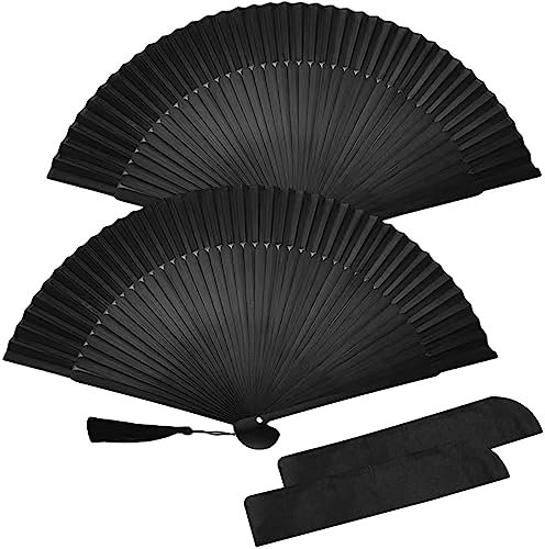 2 Stück Handheld Faltventilator fächer, Handfächer mit Quaste, Faltfächer Klappfächer, Hand Falten Fans, für Aufführung Tanz, Haus Dekorationen, Hochzeit Geschenke, Schwarz.