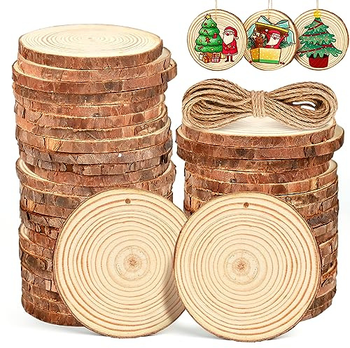 Fuyuleyo Wood Slices Natural Log Slices 50Pcs 7-8cm Unfinished Wood Craft Kit Predrilled Wooden Discs Circles Tree Slice for Painting DIY Arts and Crafts Christmas Ornaments Supplies