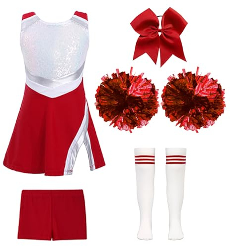YEAHDOR Vestito Cheer-Leader con Pantalocini Pon Pon per Bambina Uniforme da Cheerleading Costume per Halloween Carnevale Masquerade 5 Pezzi B Rosso 11-12 anni