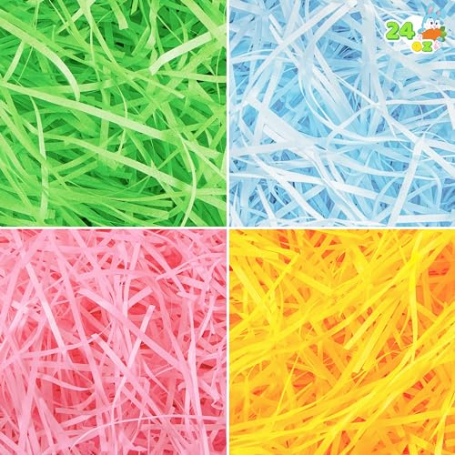 JOYIN Erba pasquale, multicolore, erba pasquale arcobaleno, carta riciclabile, frammenti di erba, colori pastello (rosa, giallo, celeste, verde) per caccia alle uova di Pasqua, riempimento cesto,