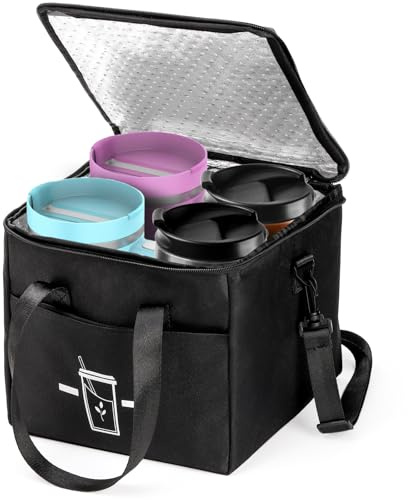 ZEAYEA Large Insulated Drink Caddy with Removable Dividers, 4 Cups Reusable Drink Carrier for Delivery, Cooler Bag, Beverages Carrier Tote Bag for Take Out, Travel, Outdoors