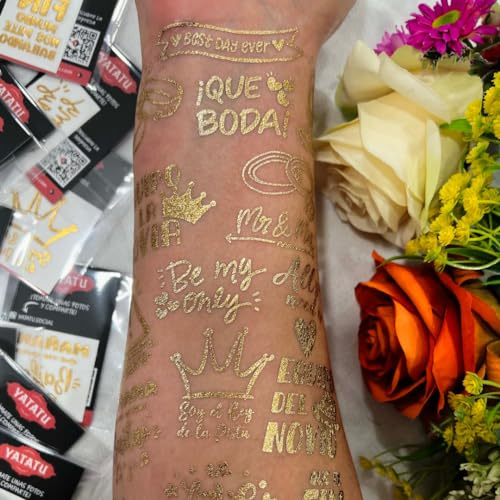 Yatatu -Tatuajes temporales boda - Set 60 tatuajes temporales para boda dorado - Calcomanías para bodas con diseños variados - Tatuajes para bodas, dorado metalizado