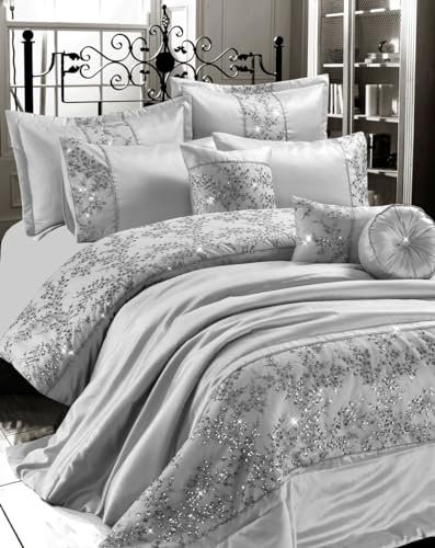oceanevo® GIGI Embroidered Duvet Cover with Pillowcases Lace Diamante Quilt Silk Satin Bed Throw & Shams Bedspread Bed Sets (Silver, Double)