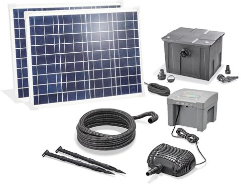 esotec Solar Teichfilterset Premium 100/4200, 4 Stufen Filterung, Teichfilter Komplettset, Pumpe, LiFePo4 Akku, 2 Solarmodule, Teichpumpe, außen, outdoor, draußen, 101092