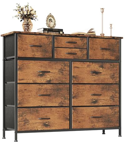MUTUN Breite Kommode mit 10 großen Schubladen, Lagerung Stoff Schublade Einheit für Schlafzimmer Wohnzimmer Schrank Eingang, stabilem Metallrahmen, 100 x 30 x 98 cm, rustikal braun