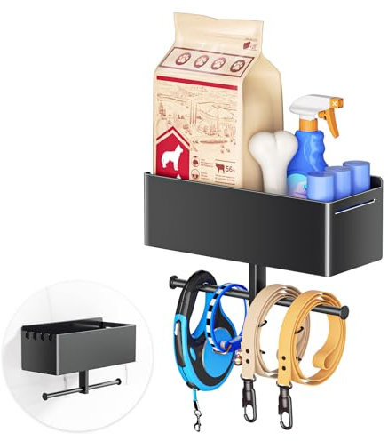 YYBO Hundgarderob med hylla, hundkoppelhållare vägg, hundgarderob för hundtillbehör hundkoppel, hundleksak & halsband förvaring, metallnyckelbräda (svart)