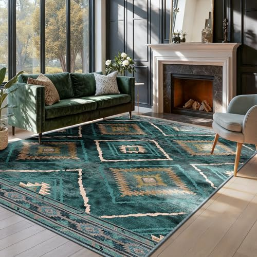 DEFYNEE Alfombras lavables a máquina para salón, 120 x 180 cm, antideslizantes, suaves, de pelo bajo, marroquí, para sala de estar, pasillo, dormitorio, verde oscuro