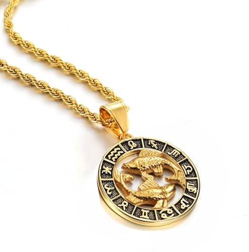 JEDTAKCT Psc 12 Constellations Pendentif Colliers Pour Hommes Femmes - Disque Creux Signes Étoiles Vintage Corde Chaîne Signes Du Zodiaque Bijoux, Horoscope Astrologie Céleste Bijoux, Poissons, 45 Cm