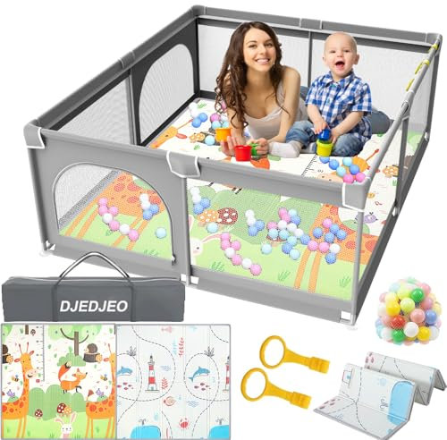 DJEDJEO Stor barnlekhage med dragkedjedörr, ventilerande nät och halkfri bas – 180 x 150 cm med madrass och 50 bollbad för baby
