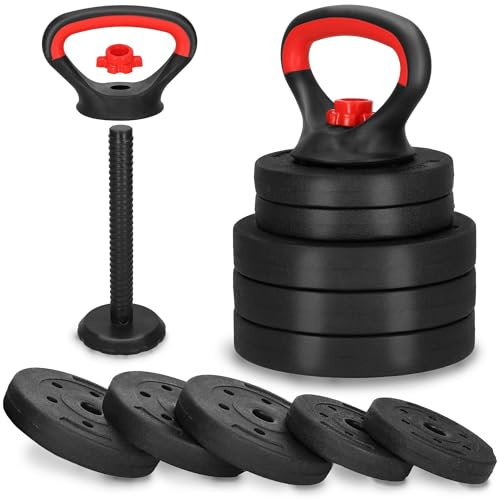SPRINGOS Kettlebell regolabile da 10 kg con pesi bituminosi, manubri di volano, efficaci dischi kettlebell, chiusure stabili