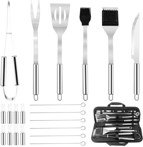 Absyrony 15 Pièces Accessoires Barbecue, Ustensiles Barbecue, Kit BBQ, Set Barbecue Plancha, Outils Barbecue, Panoplie Barbecue, Mallette de Barbecue, pour Camping d’Extérieur et Pique-Nique