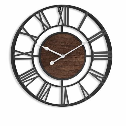 Orologio Da Parete Grande Moderno,Orologio Da Parete Nero Vintage Industriale In Metallo Slenzioso Con Numeri Romani 35cm Con Quadrante Elegante In Noce Per Soggiorno,Ufficio,Cucina,Camino