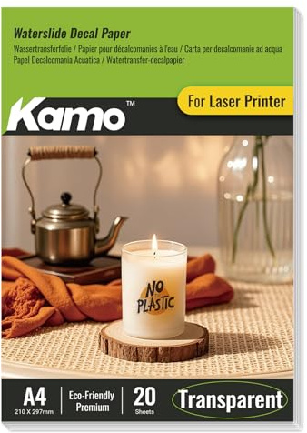 Kamo Transparent A4 Vattenskjutfolie för laserskrivare – 20 ark dekalfolie för keramik, glas, koppar, ljus, plast och modelltillverkning gör-det-själv-projekt