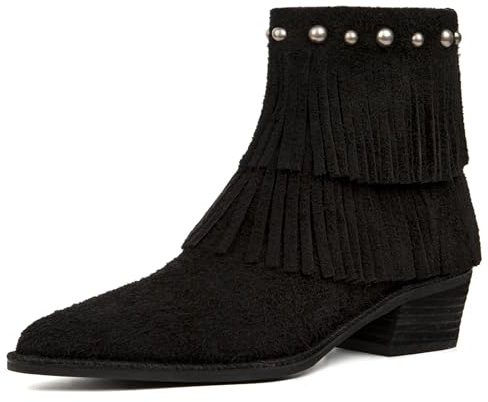 Bouwno Black Genuine Suede Ankle Boots for Women Fringe Pointed Toe Chunky Heel with Zipper Studded Cowgirl Short Boots Western Causal Dress Booties Country Music Festival