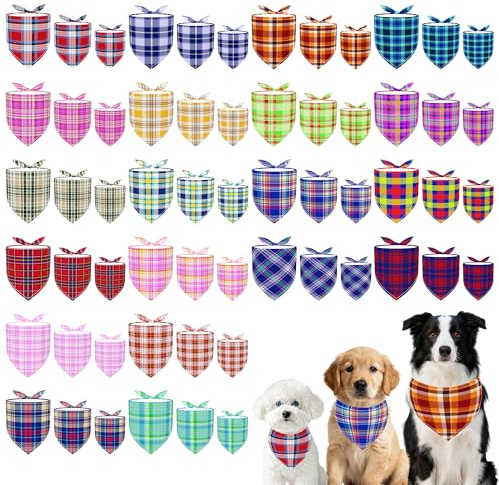 Pai Sence Plaid Dog Bandanas Bulk for Dogs 60 Pcs Assorted Size Stitching Dog Bandanas Small Medium Large Mixed Size Bandana Party Grooming