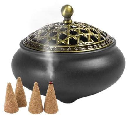Vaso per incenso in ceramica vintage, coperchio in metallo e supporto per bastoncini refrattari, rotondo in porcellana cinese per camera da letto, soggiorno, ufficio, yoga e meditazione