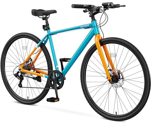 EOYOBIKE 700C Hybrid Bike for Adults, Lightweight Aluminum Frame, 8-Speed City Commuter & Fitness Road Bicycle with Dual Disc Brakes and Front/Rear Reflectors