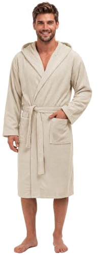 Bathrobe Men & Women 100% Cotton OEKO-TEX® Certified - XL Beige - Premium Dressing Gown Mens Absorbent Towelling with Hood, 2 Pockets, Belt