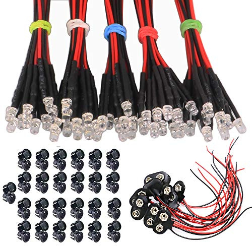 GTIWING 50 st 3 mm lysdioder med 20 cm kabel, DC 12 V förkopplade LED-dioder ljus (röd, gul, grön, vit, blå, varje10 st) 50 st 3 mm LED monteringsringar plast 10 st 15 cm 9 V T-typ batteriklämma