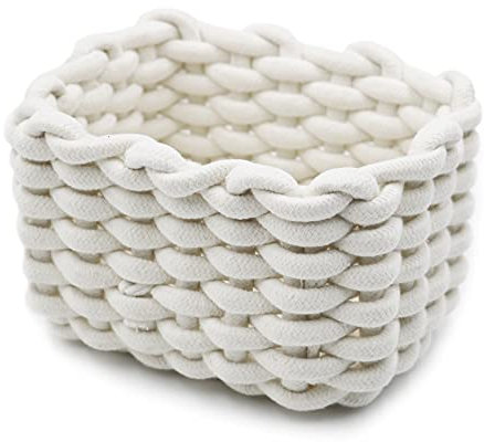 Icegrey Cotton Rope Baskets with Handles, Decorative Natural Rectangle Storage Baskets Organizers for Nursery, Baby Room, Bedroom, Living Room White Small