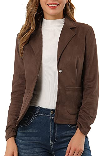 Allegra K Women's Faux Suede Blazer Lapel Collar Ruched Sleeve One Button Work Office Jacket Blazers, Brown, L
