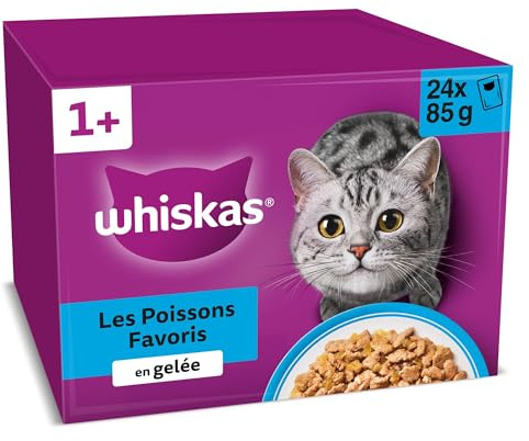WHISKAS Kattmåltider - 48 färskhetspåsar (set med 2 förpackningar 24 x 85 g) - favoritfiskar (4 sorter) - vuxen kattpasta i gelé. Komplett våt mat lämplig även steriliserade katter