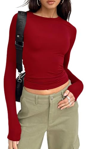 Women's Slim Fit Crop Tops Casual Solid Color Crew Neck Long Sleeve Tight T-Shirt Basic Blouse Tee Tops (Red, S)