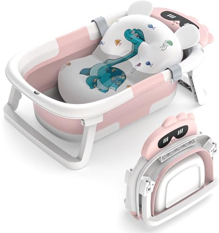 Vikbart babybadkar, halkfri stödkudde, bärbar och hopfällbar för nyfödda 0-24 månader (rosa)