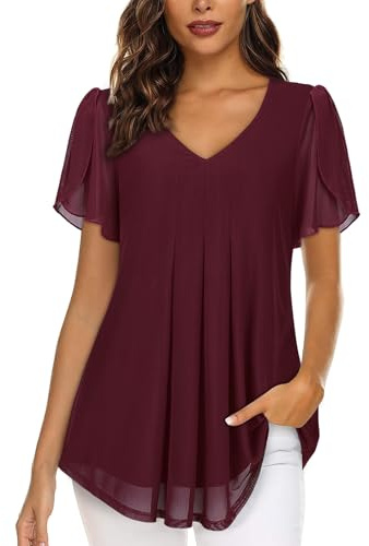 Plus Size Summer Tops for Women UK Womens Short Sleeve Blouses Tunics for Women Long Dressy Shirts for Leggings Ladies Top Elegant V Neck Party Tee Swing Maternity Shirt Wine Red