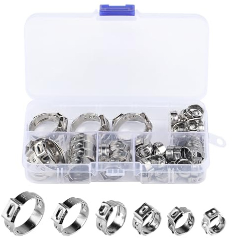 60 Pcs Hose Clips, Jubilee Clips Assorted Adjustable 6.8-25.6mm, 304 Stainless Steel Hose Clamps Set, Single Ear Stepless Worm Drive Pipe Clamps for Tube Water Pipe Pool Hoses