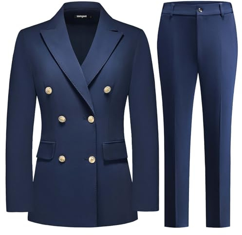 Lamgool Women Pants Suit Double Breasted 2 Piece Blazer Set Work Casual Jacket Outfits for Business (Navy, Medium)