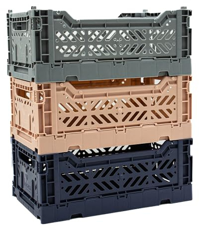 Collapsible Storage Box, Foldable Crate Organizer Bin with Handle, Stackable Crates for Home Organization (Gray-MilkTea-Navy, 4L - 3-Pack)