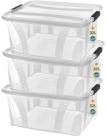 Aufbewahrungsboxen mit Deckel, 7L 14L 21L 32L 55L 80L Plastik Boxen Klickverschluss Stapelboxen 1er/3er Sets Lebensmittelecht Transparent Haushalt & HLKauf-Block (3er-Set 32-Liter & 1x HLKauf-Block)