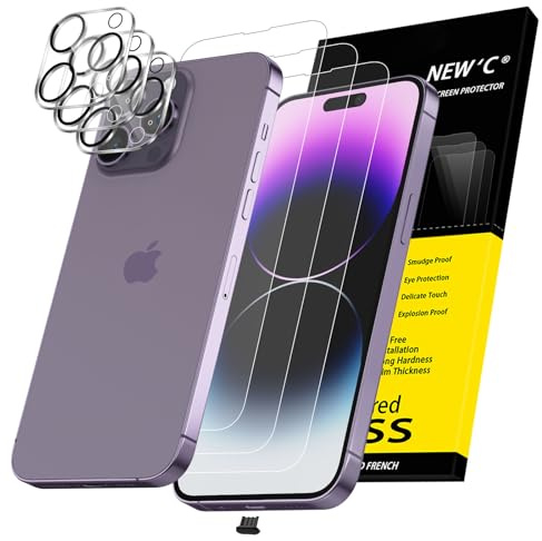 NEW'C 3x for iPhone 14 Pro Max Screen Protector (6.7 inches)+ 3x Camera Lens Protector, Sensor Protection + Dust Plug - Case Friendly Tempered Glass Film, Ultra Resistant