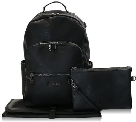 My Babiie Backpack Pro Changing Bag - 2 Insulated Bottle Holders, Clutch Bag, Portable Changing Mat, Stroller Clips, Baby Travel Bag, Nappy Back Pack, Vegan Leather - Black & Gunmetal