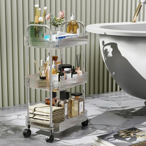 WODFARR Rollwagen, Rollregal, Aufbewahrungswagen mit 3 Ebenen, aus Acryl, transparent, platzsparend, für Küche, Büro, Badezimmer (3 Ebenen, 40 x 28,5 x 69,7 cm)